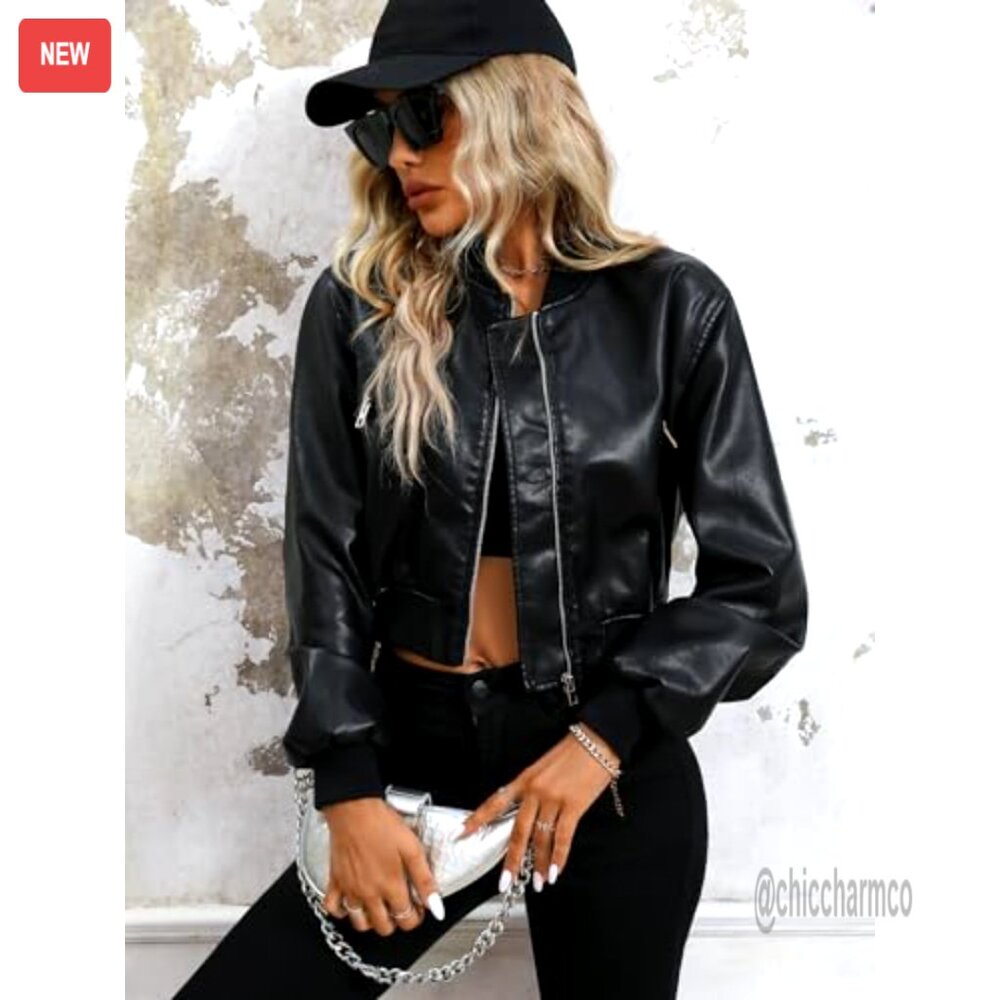 Faux Leather Varsity Bomber Jacket, Biker Style, Zipper Closure, Side Pockets - Picture 3 of 6